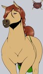 big_teats braided_mane brown_mane clothed clothed_feral clothing crotch_breasts eyelashes female feral grey_background logo looking_at_viewer mane purple_eyes quadruped simple_background smile solo tan_body teat_bra teats romman08 dora_horse_(romman08) equid equine horse mammal 2019 artist_logo dated