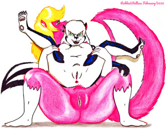 age_difference anthro anus blonde_hair breasts duo female female/female genitals green_eyes hair multicolored_body nipples pink_body simple_background size_difference skunk_tail vulva robbiewallace fan_character lori_(jmh) mammal mephitid skunk absurd_res hi_res traditional_media_(artwork)
