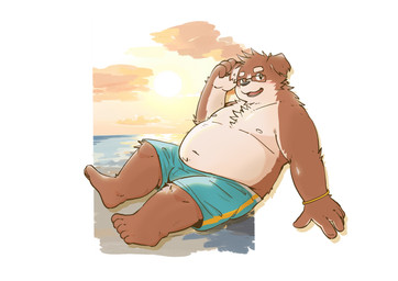 anthro beach belly bottomwear brown_body clothing cloud kemono male outside overweight overweight_male seaside shorts sitting solo sun swimwear fatkylefat canid canine canis domestic_dog mammal 2023 absurd_res hi_res