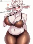 absurd_res anthro bangs big_breasts big_ears blush bovid bovid_horn bra breasts brown_clothing brown_legwear brown_pantyhose caprine caprine_horn cherifokkusu chest_tuft clothed clothing curvy_figure digital_media_(artwork) eyebrows female fur goat goat_ears goat_horn goat_lucifer_(helltaker) hair hair_bun hand_behind_back hand_on_breast helltaker hi_res horn lace_bra lace_panties legwear lingerie looking_at_viewer mammal markings mole_(marking) navel open_mouth pantyhose red_eyes simple_background smile solo text thick_thighs tuft underwear white_background white_body white_fur white_hair wide_hips