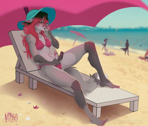 5_toes anthro beach bikini chair clothed_gynomorph clothed_intersex clothing covering covering_mouth covering_own_mouth covering_self feet furniture genitals gradient_hair gynomorph hair hat headgear headwear humanoid_feet humanoid_genitalia humanoid_penis intersex lounge_chair masturbation outside penis pink_hair plantigrade public public_nudity solo summer swimwear toes two-piece_swimsuit voyeur cookie_choo regine_leblanc canid canine fox mammal red_fox silver_fox true_fox absurd_res hi_res trans_(lore) trans_woman_(lore)