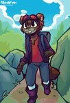 anthro backpack beaver_tail black_clothing black_jacket black_topwear boots bottomwear brown_body brown_eyes brown_fur brown_hair buckteeth clothing denim denim_bottomwear denim_clothing eyewear footwear fur goggles hair hiking jacket jeans male nature nature_background pants red_clothing red_eyewear red_goggles red_shirt red_topwear shirt shoes solo teeth topwear sonofan cotton_(cottonthebeaver) beaver mammal rodent hi_res