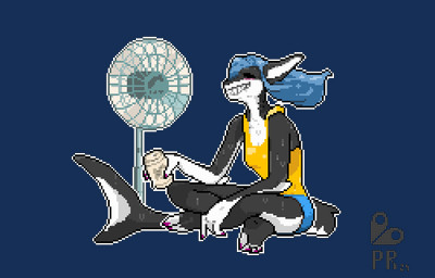 anthro beverage_can bodily_fluids breasts clothing female grin hot_weather non-mammal_breasts non-mammal_ears non-mammal_hair short_animation sitting sitting_on_ground small_breasts smile solo sweat wet wet_clothing pixelrometer fish marine shark animated digital_media_(artwork) loop pixel_(artwork) pixel_animation