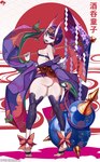 big_butt bow_ribbon breasts butt clothed clothing dipstick_horn eyelashes fangs female hair holding_object holding_umbrella horn humanoid_pointy_ears looking_at_viewer looking_back looking_back_at_viewer multicolored_horn open_mouth open_smile pale_skin partially_clothed pointy_ears purple_eyes purple_hair rear_view short_hair small_breasts smile solo teeth text thick_thighs umbrella wide_hips krokobyaka asian_mythology east_asian_mythology fate_(series) japanese_mythology mythology type-moon assassin_shuten-douji demon humanoid oni yokai 2022 hi_res japanese_text url