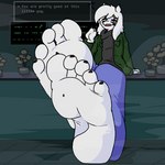 5_toes anthro clothed clothing duo feet foot_fetish foot_focus foot_play fur humanoid_feet male male/male micro plantigrade sitting size_difference soles stuck_to_foot text toes white_body white_fur dragotrashcan undertale undertale_(series) asriel_dreemurr_(god_form) bovid caprine goat mammal monster 1:1