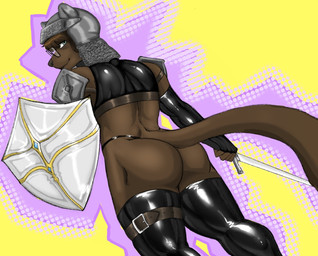 anthro armor armwear big_butt black_latex brown_body brown_fur brown_hair butt chainmail clothing elbow_gloves eyewear femboy fur glasses gloves green_eyes hair handwear holding_melee_weapon holding_object holding_shield holding_sword holding_weapon knight_helmet latex latex_armwear latex_clothing latex_elbow_gloves latex_gloves latex_handwear latex_legwear latex_thigh_highs latex_topwear legwear looking_at_viewer looking_back looking_back_at_viewer male melee_weapon outline shield shoulder_pads simple_background slim_anthro slim_male solo squish sword tail thigh_belt thigh_highs thigh_squish thong topwear unconvincing_armor underwear weapon yellow_background undercovernezha nezha_(undercovernezha) gulonine mammal marten mustelid musteline 2025 digital_drawing_(artwork) digital_media_(artwork) hi_res shaded