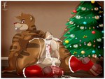 all_fours anthro balls bedroom_eyes big_balls big_butt blue_eyes bodily_fluids brown_body brown_fur butt christmas_tree clothing cum cum_on_anus cum_on_balls cum_on_butt footwear footwear_only foreskin fur genital_fluids genitals holidays leaking_cum looking_at_viewer looking_back looking_back_at_viewer male mostly_nude muscular muscular_anthro muscular_male narrowed_eyes nude partially_retracted_foreskin penis plant seductive socks socks_only solo tree aaron_(artist) christmas felid mammal prehistoric_species saber-toothed_tiger hi_res