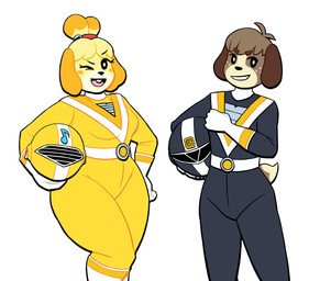 accessory ahoge anthro armor black_nose blonde_hair blush blush_stickers boots brown_body brown_fur brown_hair buckteeth cartoon_freckles clothing curvy_figure dipstick_tail duo eyelashes female floppy_ears footwear freckled_face freckles fur gloves hair hair_accessory handwear headgear helmet holding_armor holding_headgear holding_helmet holding_object long_eyelashes looking_at_viewer male markings one_eye_closed pink_freckles pose shoes skinsuit spandex spandex_clothing tail tail_markings teeth tight_clothing voluptuous white_clothing white_gloves white_handwear wink winking_at_viewer yellow_body yellow_fur lovetopullmicke animal_crossing chikyuu_sentai_fiveman nintendo super_sentai digby_(animal_crossing) isabelle_(animal_crossing) canid canine canis domestic_dog mammal shih_tzu toy_dog absurd_res hi_res