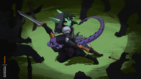 3_horns action_pose anthro armor arrow_(weapon) back_to_back biped black_eyebrows black_hair black_horn black_sclera black_spikes blue_eyes boots bottomwear clenched_teeth clothed clothed_anthro clothed_female clothed_humanoid clothing crossbow cute_fangs duo_focus ear_frill eyebrows faceless_character facial_markings fangs female female_anthro female_humanoid fight footwear forehead_markings frill_(anatomy) fully_clothed fully_clothed_anthro fully_clothed_female fully_clothed_humanoid furgonomic_headwear furgonomic_hood furgonomics glistening glistening_eyes grass green_body green_skin green_text group hair head_horn head_markings high-angle_view holding_crossbow holding_melee_weapon holding_object holding_ranged_weapon holding_sword holding_weapon hood hood_up horde horn humanoid_pointy_ears iris long_tail markings melee_weapon multi_horn one_fang open_mouth open_smile orange_eyes orange_text outside pants plant plantigrade pointy_ears pose pupils purple_body purple_markings purple_skin purple_tail raised_heel ranged_weapon shoes shoulder_armor smile snout spiked_tail spikes spikes_(anatomy) standing surrounded sword tail tail_markings teeth text topwear weapon white_sclera white_text feretta sparks_(reaperonico) goblin humanoid kobold scalie 16:9 2026 artist_name dated english_description english_text hi_res signature widescreen