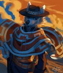 anthro clothing cowboy cowboy_hat desert hat headgear headwear male poncho solo ewademar canid canine canis coyote hybrid mammal wolf absurd_res hi_res