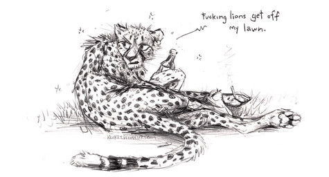 ambiguous_gender bottle cigarette container dialogue feral fur holding_cigarette holding_object looking_back markings nude pawpads paws profanity solo spots spotted_body spotted_fur text kenket cheetah felid feline mammal 2021 digital_media_(artwork) english_text greyscale monochrome sketch url
