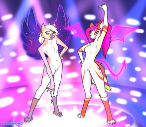 anthro beak black_sclera breasts brown_body brown_feathers duo feathers featureless_breasts featureless_crotch feet female fur graffiti hair hand_on_hip male markings pink_hair raised_hand spade_tail star_(marking) tail talons toes white_body white_feathers white_fur white_hair wings yellow_eyes kamenking panty_and_stocking_with_garterbelt colorbomb_(kamenking) kamen_king_(character) avian bird canid canine canis coyote eastern_screech_owl mammal owl screech_owl true_owl english_description hi_res nonbinary_(lore)