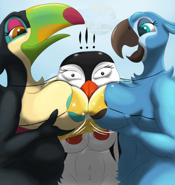anthro beak bikini black_beak black_body blue_body blue_eyes blue_nipples bra breasts brown_eyes clothed clothing eyelashes female female/female gold_bikini green_beak group head_between_breasts holding_breast looking_at_another markings navel nipples orange_beak orange_markings orange_nipples pink_markings pressing_breasts_together pubes raised_bra raised_clothing raised_underwear slightly_chubby slightly_chubby_female surprised swimwear trio two-piece_swimsuit underwear white_body lindwormduality blue_sky_studios golden_week rio_(series) surf's_up eva_(rio) jewel_(rio) lani_aliikai avian bird gentoo_penguin keel-billed_toucan macaw neotropical_parrot parrot penguin spix's_macaw toucan true_parrot true_toucan hi_res
