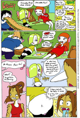 anthro belly big_belly black_hair blonde_hair dialogue female food fur furniture group hair inside orange_hair overweight pizza sitting sofa speech_bubble stuffing text white_body white_fur yellow_body yellow_fur s.sakurai felid leopard mammal mouse murid murine pantherine rodent 2004 comic english_text