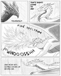 4:5 ambiguous_gender angry black_and_white breath_powers claws comic comic_panel dialogue dragon duo elemental_manipulation english_text european_mythology eye_contact female feral fire fire_breathing fire_manipulation forest hi_res horn leaf line_art looking_at_another monochrome mythological_creature mythological_scalie mythology nature nuree_art outside plant reevah_(nuree_art) scalie sketch speech_bubble spikes text tree western_dragon wings