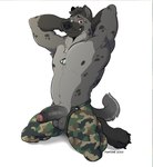 abs anthro armpit_hair arms_behind army army_outfit army_uniform balls barefoot biceps body_hair bottomwear camo camo_bottomwear camo_clothing camo_pants camo_print clothed clothing dog_tags erection eye_scar facial_scar feet foreskin fur genitals grey_body grey_fur hands_behind_head humanoid_genitalia humanoid_penis looking_at_viewer male manly markings military military_clothing military_pants military_uniform muscular muscular_anthro muscular_male nipples open_bottomwear open_clothing open_pants pants pattern_bottomwear pattern_clothing pattern_pants pecs penis pose red_eyes scar seductive simple_background soldier soldier_uniform solo spots spotted_body spotted_fur spread_legs spreading tail thick_arms topless topless_anthro topless_male uniform unzipped unzipped_pants warrior white_background zipper fantine hyena mammal spotted_hyena digital_media_(artwork) hi_res