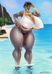 absurd_res anthro beach big_breasts big_butt big_nipples breasts butt canid canine canis clothing dobermann domestic_dog female hi_res huge_nipples makeup mammal mrxrayfire nipples olyvia_cross_(sexyblaziken) pinscher seaside smile smiling_at_viewer solo swimwear thick_thighs under_boob