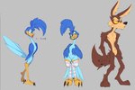 anthro arm_tuft biped blep blue_body blue_feathers brown_body brown_fur cheek_tuft claws clothed clothing crossdressing duo elbow_tuft facial_tuft fangs feathers feet femboy fluffy fluffy_tail fur fuzzy half-closed_eyes head_feathers knee_tuft leg_tuft leggings legwear legwear_only looking_at_viewer male mostly_nude narrowed_eyes pattern_clothing pattern_legwear simple_background size_difference skinny small_waist smile standing stockings stockings_only striped_clothing striped_legwear stripes tail tail_feathers talons teeth toes tongue tongue_out tuft unimpressed wings yellow_eyes numy_num looney_tunes warner_brothers road_runner_(looney_tunes) wile_e._coyote avian bird canid canine canis coyote cuculiform mammal new_world_ground_cuckoo roadrunner hi_res model_sheet multiple_images