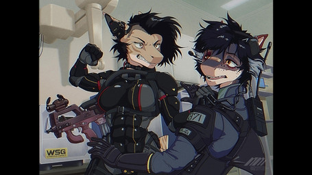 5_fingers abs anthro assault_rifle band-aid bandage big_breasts black_hair bodysuit breasts bruised bruised_eye clenched_teeth clothed clothing crossgender detailed_background duo electronics female fin fingers furgonomic_headwear furgonomics gloves gun hair handwear headgear headphones headset holding_character laboratory laboratory_equipment microphone muscular muscular_anthro muscular_female non-mammal_breasts open_mouth patch_(fabric) punch radio ranged_weapon rifle scientific_instrument scope shoulder_guards silky_shark skinsuit sling_(weapon) small_breasts stare straps teeth text tight_clothing topwear violence weapon nexial_machine discardingsabot elise_heider sabine_straiter sabot_sauer aquatic fish requiem_shark scalie shark tiger_shark absurd_res cel_shading digital_media_(artwork) hi_res shaded