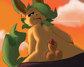 animal_genitalia animal_penis anthro balls bottomwear bottomwear_down brown_body brown_fur canine_genitalia canine_penis clothed clothing cloud fur genitals green_body green_ears green_fur green_tail half-closed_eyes leaf leaf_tail looking_down male multicolored_body narrowed_eyes one_eye_obstructed orange_sky pants pants_down partially_clothed penis penis_tip red_penis sheath simple_background sky smile solo tail tan_body tan_fur text tongue tongue_out two_tone_body yasterwolly nintendo pokemon eeveelution generation_4_pokemon leafeon pokemon_(species) 5:4 hi_res