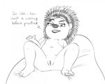 anthro cocky female front_view genitals lying navel on_back presenting presenting_pussy pussy seductive sitting slightly_chubby solo text teot illumination_entertainment sing_(movie) becky_(sing) crested_porcupine mammal old_world_porcupine porcupine rodent english_text hi_res monochrome