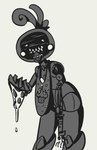 4_fingers anthro beak bib broken_face clothed clothed_anthro clothed_female clothing damaged_arm damaged_body female female_anthro fingers food holding_food holding_object leaning leaning_forward machine panties print_bib simple_background solo standing teeth underwear white_background bav five_nights_at_freddy's five_nights_at_freddy's_2 scottgames cupcake_(fnaf) toy_chica_(fnaf) animatronic avian bird chicken galliform gallus_(genus) phasianid robot robot_anthro 2023 digital_drawing_(artwork) digital_media_(artwork) greyscale monochrome
