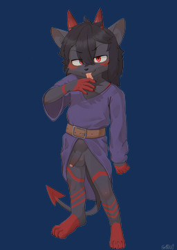 2_horns 4_toes adolescent adolescent_anthro anthro arm_markings bangs barefoot bedroom_eyes belt belt_buckle bent_arm biped black_eyebrows black_nose blush blush_lines blushing_at_viewer bodily_fluids bottomless bottomless_anthro bottomless_male brown_belt brown_claws buckle cheek_tuft claws clothed clothed_anthro clothed_male clothing dipstick_tail eye_through_hair eyebrow_through_hair eyebrows facial_markings facial_tuft feet finger_claws finger_fetish finger_lick finger_play fingers foreskin fur fur_tuft genitals glans gloves_(marking) grey_body grey_fur grey_hair grey_inner_ear_fluff grey_tail grey_tuft hair hair_between_eyes half-erect head_markings horn humanoid_genitalia humanoid_hands humanoid_penis inner_ear_fluff iris kemono leg_markings licking long_hair long_tail looking_at_viewer male male_adolescent male_anthro markings narrowed_eyes partially_retracted_foreskin penis pink_glans pink_tongue plantigrade pose pupils purple_clothing purple_shirt purple_topwear purple_tunic red_blush red_eyes red_feet red_hands red_horn red_markings red_stripes red_tail_tip saliva saliva_on_tongue seductive self_lick shirt shota shoulder_markings simple_background slim slim_anthro slim_male smile smiling_at_viewer smirk smirking_at_viewer socks_(marking) solo spade_tail standing straight_arm straight_legs striped_markings stripes tail tail_markings toe_claws toes tongue tongue_out topwear translucent translucent_hair transparent_background tuft tunic urethra white_sclera wrist_markings young young_anthro young_male sharparadise canid canid_demon canine_demon demon mammal 2026 absurd_res alpha_channel full-length_portrait hi_res pinup portrait shaded signature
