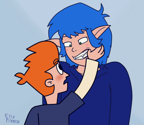 4_fingers 5_fingers bangs black_eyes blue_background blue_clothing blue_hair blue_hoodie blue_shirt blue_topwear blush blush_lines clenched_teeth clothed clothed_human clothed_humanoid clothed_male clothing duo eye_contact eyebrow_through_hair eyebrows fingers frown frowning_at_another green_eyes gums hair hoodie humanoid_pointy_ears larger_humanoid larger_male looking_at_another male male/male male_human male_humanoid medium_hair no_eyebrows no_pupils not_furry open_frown open_mouth orange_eyebrows orange_hair pointy_ears pulling_cheek red_gums sharp_teeth shirt short_hair simple_background size_difference smaller_human smaller_male tan_body tan_clothing tan_skin tan_topwear teeth text topwear translucent translucent_hair ellymcell1 kappa_mikey gonard_(kappa_mikey) mikey_simon human humanoid mammal 2019 artist_name digital_drawing_(artwork) digital_media_(artwork) english_description flat_colors