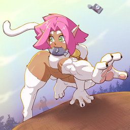 all_fours ass_up cat_tail collar dark_body dark_skin digitigrade fur green_eyes hair looking_back male muscular muscular_male nude pawpads pink_hair shoulder_fluff solo stealing stealing_food white_body white_fur noahdoesart chessly animal_humanoid aquatic cat_humanoid felid felid_humanoid feline feline_humanoid fish humanoid mammal mammal_humanoid hi_res