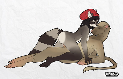 anthro anthro_on_anthro anthro_penetrated anthro_penetrating anthro_penetrating_anthro beanie black_hair blind bodily_fluids breasts brown_body brown_fur clothing cowgirl_position cum cum_inside disability duo eyes_closed female female_on_top female_penetrated from_front_position fur genital_fluids genitals grey_body grey_fur hair hat headgear headwear kissing lying male male/female male_penetrating male_penetrating_female nude on_back on_bottom on_top penetration penis sex simple_background vaginal vaginal_penetration zombikiss mightypoohead rebecca_(mightypoohead) mammal murid murine procyonid raccoon rat rodent digital_media_(artwork)