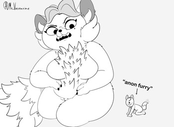 ambiguous_gender anthro chest_tuft disgust duo extreme_size_difference female genitals larger_female macro markings mature_female micro mole_(marking) sitting size_difference tuft vulva mr_valentine00 disney pixar turning_red anon ming_lee_(turning_red) ailurid mammal red_panda 2022 absurd_res hi_res monochrome