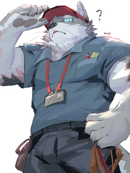 5_fingers anthro biped black_body black_bottomwear black_claws black_clothing black_fur bottomwear brown_pawpads claws clothed clothed_anthro clothed_male clothing collared_shirt finger_claws fingerpads fingers front_view fully_clothed fully_clothed_anthro fully_clothed_male fur furgonomic_hat furgonomic_headwear furgonomics grey_body grey_fur hand_on_hip hand_on_own_hip inner_ear_fluff looking_down looking_down_at_another male monotone_bottomwear monotone_clothing monotone_shirt monotone_topwear multicolored_body multicolored_fur muscular muscular_anthro muscular_male name_tag open_mouth pawpads pink_body pink_fur pockets pose pupils question_mark raised_arm red_baseball_cap ruler shirt simple_background slit_pupils snout solo sweatdrop_(iconography) teal_clothing teal_sclera teal_shirt teal_topwear text topwear tuft whiskers white_background white_body white_fur white_inner_ear white_inner_ear_fluff kuromonsart felid mammal 2025 3:4 absurd_res artist_name colored dated digital_drawing_(artwork) digital_media_(artwork) english_text hi_res portrait three-quarter_portrait