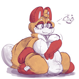 ambiguous_gender anthro anthro_to_inanimate inanimate_transformation mid_transformation null_bulge plushie plushie_transformation rubbing_bulge seam_(sewing) simple_background solo transformation memopemo animate_inanimate canid canine fox living_plushie mammal absurd_res digital_media_(artwork) hi_res