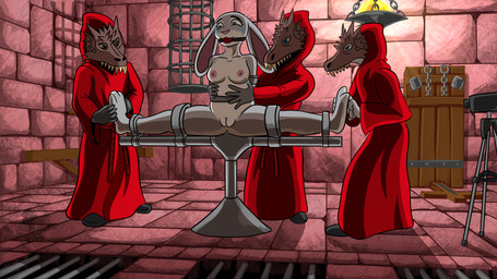 3_toes 5_fingers ambiguous_gender anthro anus ball_gag barefoot bdsm blue_eyes bodily_fluids bondage bound breasts cage camera clothing collarbone cult cultist detailed_background dungeon feet female fingers flexible fur gag genitals grey_body grey_fur group hindpaw mask nipples nude paws pink_nose restraints robe splits spread_legs spreading tears tickle_torture tickling tickling_feet toes vulva wearing_mask white_body white_fur quakehoof disney zootopia judy_hopps ambiguous_species lagomorph leporid mammal rabbit hi_res