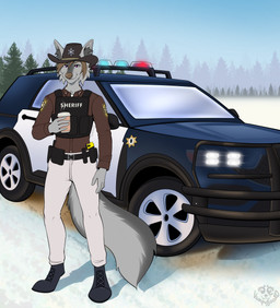 anthro car clothing electroshock_weapon male police police_badge police_car police_officer police_uniform police_vehicle solo standing taser uniform vehicle weapon vampybooxo shadowmarshall canid canine canis mammal wolf absurd_res hi_res