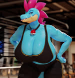 anthro arms_on_thighs athletic_wear big_breasts blep blue_body blue_eyes blue_skin bodily_fluids bouncing_breasts breasts cleavage clothed clothing collar fangs female front_view glistening glistening_body glistening_skin hands_on_hips huge_breasts looking_at_viewer pokeball smile solo swaying sweat teeth tongue tongue_out connivingrat nintendo pokemon yuki_(evov1) yukigatr_(evov1) feraligatr generation_2_pokemon pokemon_(species) 3d_(artwork) 3d_animation animated digital_media_(artwork) hi_res high_framerate no_sound portrait short_playtime three-quarter_portrait watermark webm