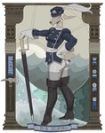 anthro axe blonde_hair blue_clothing blue_eyes blue_jacket blue_topwear boots border bottomwear clothed clothing cotton_tail epaulet female footwear fur gloves hair handwear hat_feather headgear headwear iplyn_delaford jacket legwear looking_at_viewer loose_feather medal melee_weapon pants sash scabbard shoes solo standing sword tan_body tan_fur text thigh_boots thigh_highs tights topwear uniform wave weapon white_bottomwear white_clothing white_gloves white_handwear white_pants yitexity tinderkell deer mammal absurd_res hi_res