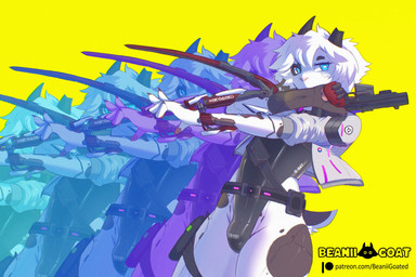 anthro blue_eyes bodysuit broken_horn brown_body brown_fur bulge clothing cropped_jacket cybernetic_arm cybernetic_eye cybernetic_limb cybernetics cyberware fur gun handgun holding_gun holding_handgun holding_object holding_pistol holding_ranged_weapon holding_weapon horn machine male mantis_blades markings patreon_logo pistol ranged_weapon sandevistan simple_background skinsuit solo spots spotted_body spotted_fur text tight_clothing weapon white_body yellow_background beanii arasaka cd_projekt_red cyberpunk_2077 patreon benji_(beanii) bovid caprine goat mammal absurd_res hi_res url watermark