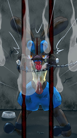 amber_eyes animal_genitalia animal_penis anthro ball_gag bdsm black_body black_fur blue_body blue_fur blush bodily_fluids bondage bound bowl cage canine_genitalia canine_penis chain chain_leash container cuff_(restraint) cum_on_screen dirty drooling dungeon erection fur gag genitals handcuffs harness knot leash looking_down male metal_cuffs open_mouth penis pet_bowl petplay restraints roleplay saliva shackles slave solo submissive submissive_male tears tongue tongue_out yellow_body yellow_fur kurohane_karasu nintendo pokemon canid canine generation_4_pokemon lucario mammal pokemon_(species) 2014 digital_media_(artwork) hi_res