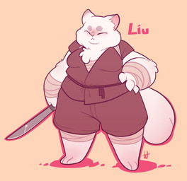 anthro bandage chest_tuft eyes_closed female fur hand_on_hip holding_melee_weapon holding_object holding_sword holding_weapon melee_weapon obese obese_female orange_background overweight overweight_female simple_background solo standing sword text toony tuft weapon white_body white_fur marshmallowfury liu_(marshmallowfury) domestic_cat felid feline felis mammal persian_cat 2015 character_name digital_drawing_(artwork) digital_media_(artwork) hi_res