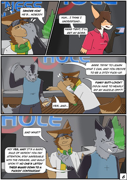 alcohol alcohol_bottle angry annoyed anthro beverage beverage_bottle black_body black_fur bottle brown_body brown_fur brown_hair clenched_teeth clothing collared_shirt container cross-popping_vein desk dialogue female flight_goggles fur furniture grey_body grey_fur hair holding_muzzle houseplant male mohawk page_number polo_shirt profanity scarf shirt sign speech_bubble t-shirt table tank_top teeth tequila text topwear yelling yelling_at_another ferrx strays_in_paradise dark_matter_(li'l_melon) li'l_melon ambiguous_species canid canine canis fox mammal wolf absurd_res comic english_text hi_res