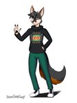 4_fingers anthro bottomwear brown_eyes clothing fangs fingers footwear fur grey_body grey_fur male pants paws shoes solo sweater teeth text text_on_clothing text_on_topwear topwear davidsone gucci canid canine fox mammal absurd_res hi_res