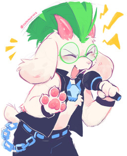 2_horns 4_fingers anthro belt belt_chain bottomwear clothed clothing electronics eyebrows eyes_closed eyewear fingers floppy_ears fully_clothed fur glasses green_hair hair holding_microphone holding_object horn male microphone mohawk open_mouth open_smile pants pawpads round_glasses simple_background singing sleeveless_jacket smile solo tail text twitter_handle wearing_glasses white_background white_body white_fur white_tail wristband catosauruus deltarune undertale_(series) ralsei bovid caprine goat mammal 2025 absurd_res artist_name hi_res
