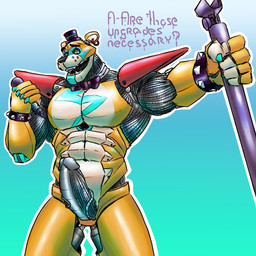 abs anthro big_penis bow_tie clothing dialogue ear_piercing ear_ring electronics erection genitals hat headgear headwear machine male microphone muscular muscular_male penis piercing ring_piercing solo text top_hat simonsbathtub five_nights_at_freddy's five_nights_at_freddy's:_security_breach scottgames steel_wool_studios glamrock_freddy animatronic bear mammal robot hi_res