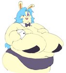 anthro belly big_belly big_breasts biped blue_hair bow_tie breast_squish breasts buckteeth bunny_costume cleavage clothed clothing costume cuffs_(clothing) eyelashes female hair hand_on_breast hand_on_own_breast huge_breasts lidded_eyes long_hair looking_away navel obese obese_anthro obese_female open_mouth open_smile orange_eyes overweight overweight_anthro overweight_female panties simple_background skimpy smile solo squish standing teeth three-quarter_view topwear underwear white_background wide_hips yellow_body fapolantern lagomorph leporid mammal rabbit 2021 portrait three-quarter_portrait unavailable_at_source