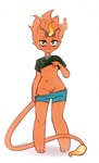 anthro areola blush bottomwear bottomwear_pull breasts clothed clothing clothing_lift clothing_pull eyelashes female fire flaming flaming_tail fur genitals green_eyes hair long_tail looking_at_viewer navel nipples orange_body orange_fur pants pants_pull paws presenting presenting_breasts presenting_pussy pussy shirt shirt_lift shorts simple_background smile solo standing t-shirt tail topwear wavy_hair white_background moorshum bandai_namco digimon coronamon digimon_(species) felid lion mammal pantherine hi_res