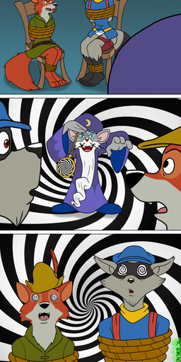 abstract_background angry anthro bdsm beard bondage bound brown_eyes chair chair_bondage clock clothing eyewear facial_hair furniture glasses group hat headgear headwear holding_pocketwatch hypnosis male mind_control open_mouth pocketwatch rope spiral spiral_background spiral_eyes trio watch irkingir disney geronimo_stilton_(series) robin_hood_(disney) sly_cooper_(series) sony_corporation sony_interactive_entertainment sucker_punch_productions ratswami robin_hood sly_cooper canid canine fox mammal murid murine procyonid raccoon rat rodent absurd_res comic hi_res