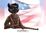 american_flag anthro black_body black_fur black_nose clothing detailed_background eyebrows fur green_eyes gun hair inner_ear_fluff m1_garand male military military_uniform nails necktie patriotism politics ranged_weapon rifle solo text tuft uniform united_states_of_america weapon world_war_2 thepimpartist u.s._army domestic_cat felid feline felis mammal 2017 english_text traditional_media_(artwork)