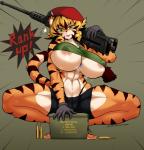 abs ammunition anthro areola areola_slip big_breasts black_stripes blonde_hair bodily_fluids bottomwear bra breasts clothing crouching dog_tags erect_nipples feet female gloves green_eyes gun hair handwear hat headgear headwear huge_breasts m2 machine_gun military muscular muscular_anthro muscular_female nipple_outline nipples panties ranged_weapon rifle shorts smile solo spandex spandex_shorts sports_bra spreading stripes sweat text thick_thighs thong thong_straps tight_bottomwear tight_clothing tight_shorts toes under_boob underwear wardrobe_malfunction weapon safurantora saffron_(safurantora) felid mammal pantherine tiger absurd_res english_text hi_res