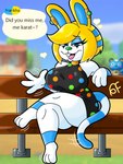 anthro bench big_breasts blonde_hair breasts female fusion gesture hair looking_at_viewer multicolored_body on_bench potara_ear_ring sitting sitting_on_bench solo thick_thighs waving waving_at_viewer waving_hand white_body bomba_world12 animal_crossing nintendo ankha_(animal_crossing) fan_character filbert_(animal_crossing) francine_(animal_crossing) felid feline lagomorph leporid mammal rabbit 3:4 hi_res